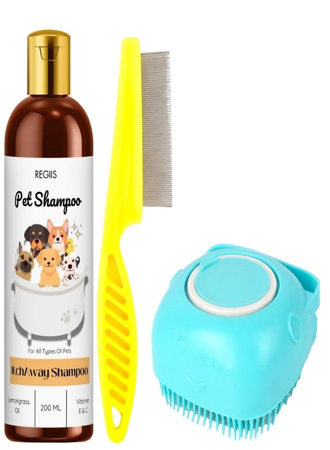 مجموعة شامبو ريجيس للحيوانات الأليفة مع فرشاة تنظيف، تركيبة مضادة للحكة، زيت عشبة الليمون، فيتامين هـ، 200 مل، فرشاة تدليك زرقاء، مشط أصفر للبراغيث للكلاب (عبوة من 3 قطع) - Image 1